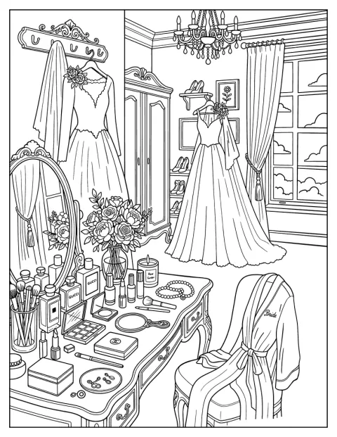 Un abito da sposa e i cosmetici sono pronti sulla toeletta.