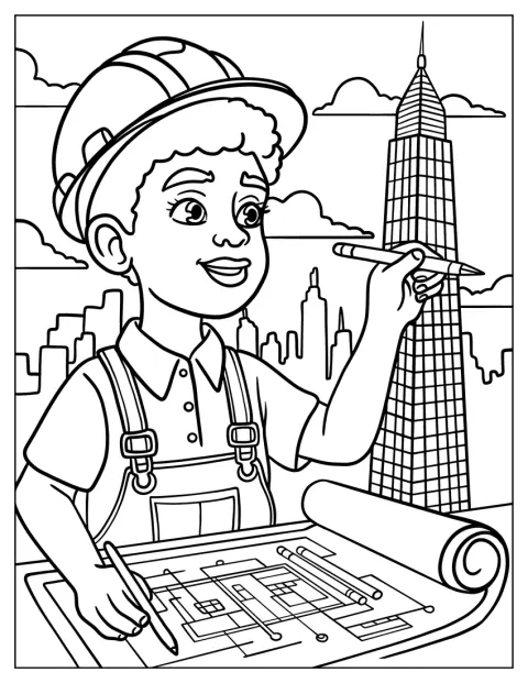 Um menino negro desenha edifícios num projeto de arquitetura.