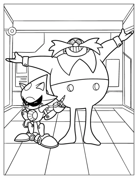 Dr. Eggman Metal Sonic mellett áll egy egyszerű körvonalrajzon.