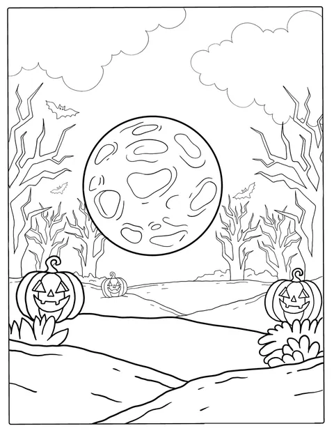 Úplněk osvětluje strašidelný les za halloweenské noci.