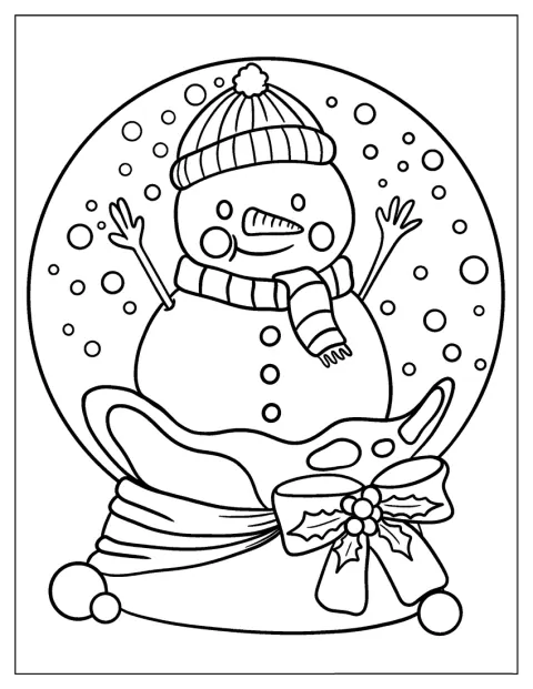 In een glazen sneeuwbol staat een sneeuwpop tussen dwarrelende sneeuwvlokken.
