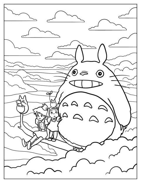 Nel bosco, Mei e Satsuki siedono accanto a Totoro.