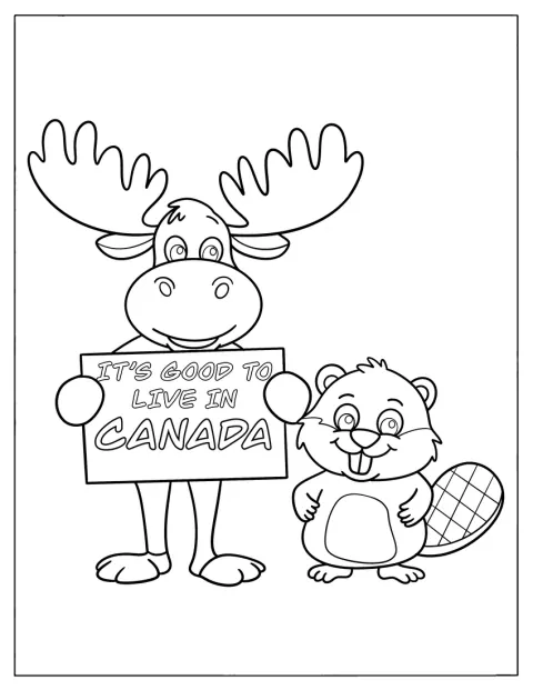 Un elan și un castor țin un panou cu mesajul „E bine să trăiești în Canada”.