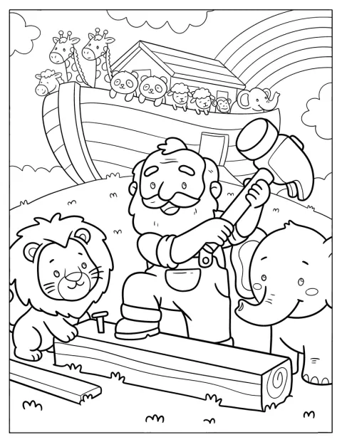 Niedliche Tiere unterstützen Noah beim Bauen der Arche.
