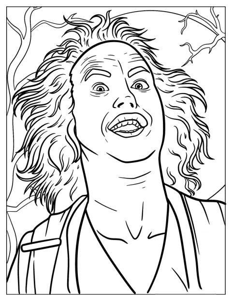 Beetlejuice se ríe con una expresión exagerada.