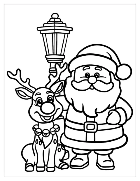 Rudolph a Santa Claus stojí společně pod pouliční lampou.