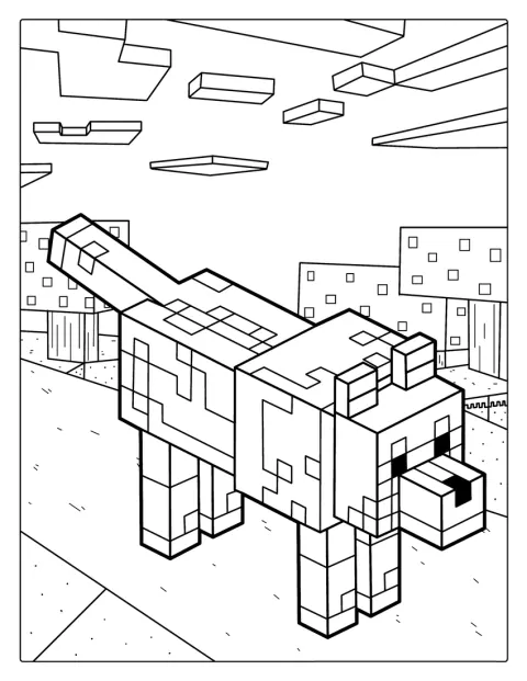 Een Minecraft-hond staat afgebeeld met veel details.