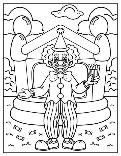 Grinning Clown Coloring Page With Striped Pants Holding A Snack