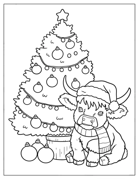 Ein niedliches Kälbchen sitzt neben einem Weihnachtsbaum.