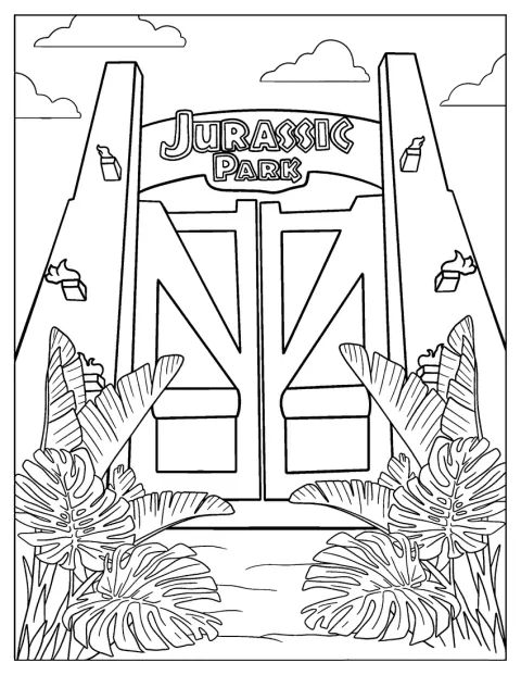 De grote poort van Jurassic Park staat tussen tropische planten.