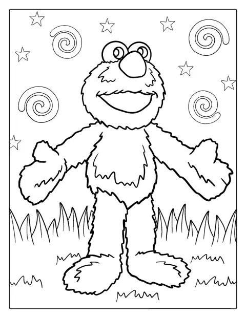 Elmo stojí s veselým výrazem a přátelským úsměvem.