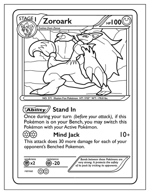 Zoroark își folosește puterile mentale pe cartea Pokémon.