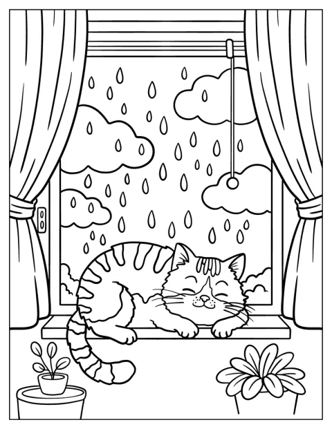 猫が窓辺でくつろぎ、雨にけむる庭を眺めています。