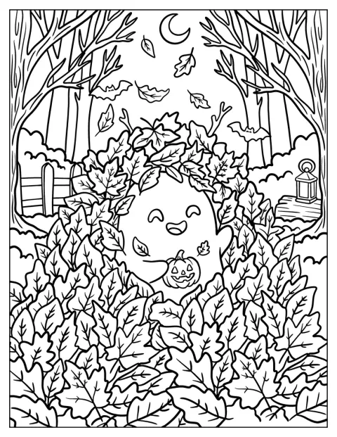 Egy szellem vidáman játszik az őszi levelek között.