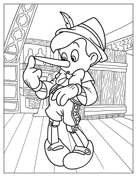 Pinocchio își atinge cu degetul vârful nasului ascuțit.