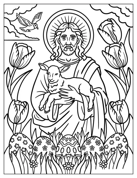 Jesus carrega um cordeiro nos braços numa cena pascal.