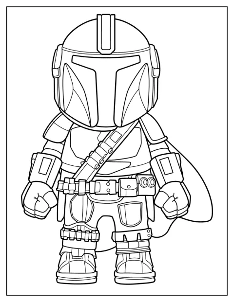 Mandalorian avbildas i en söt kawaii-stil med stor hjälm.