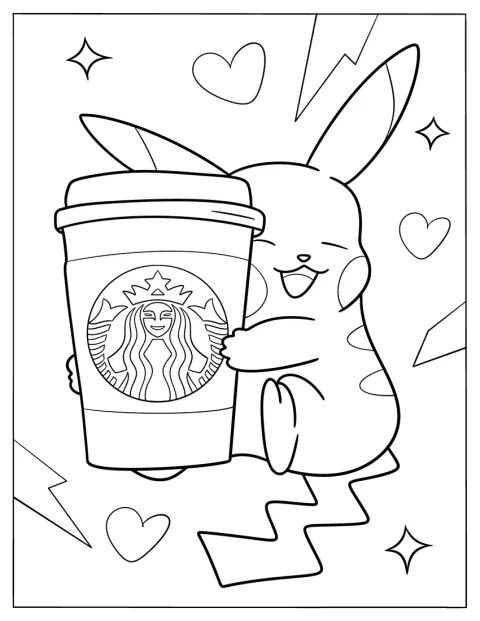 Pikachu abraza un vaso de café de Starbucks.