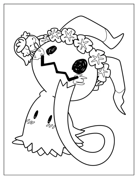 Mimikyu seisoo kukkaseppele päässään.