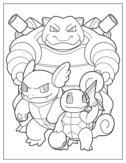 Carapuce, Wartortle et Tortank sont réunis sur le dessin.