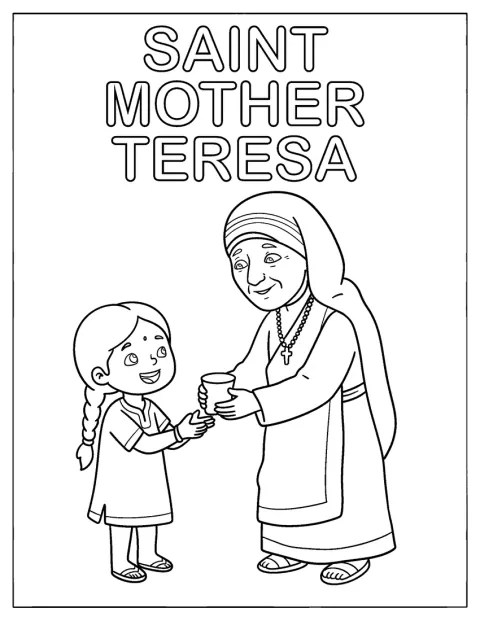 Święta Matka Teresa podaje kubek dziecku.