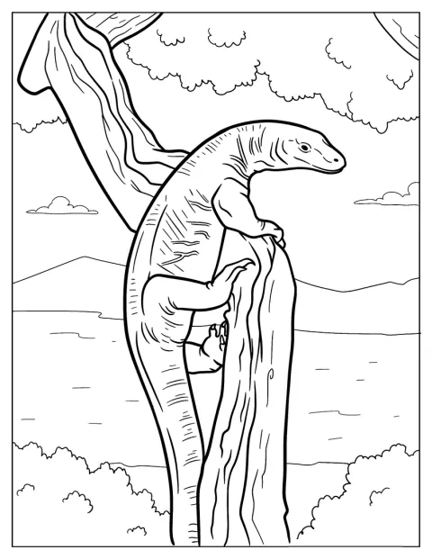 Un dragón de Komodo trepa por el tronco de un árbol.