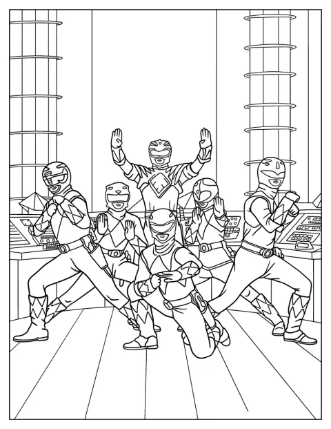 Os Power Rangers posam juntos na sua postura característica.