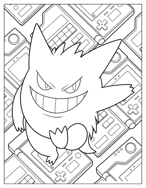 Gengar sonríe delante de una Game Boy.