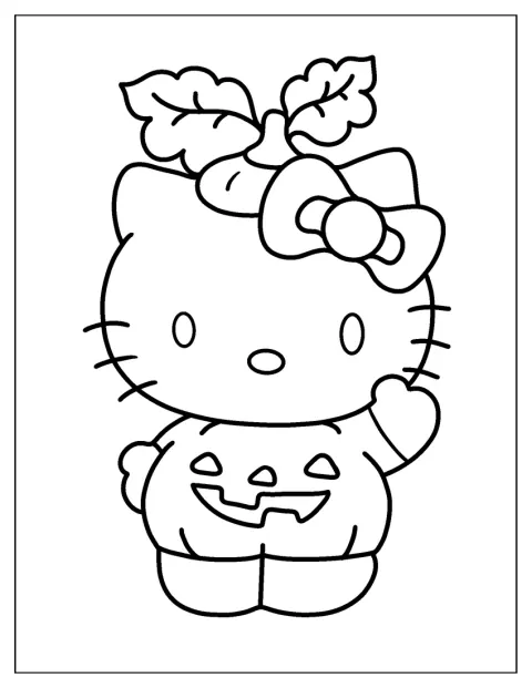Hello Kitty poseeraa kurpitsalyhdyksi pukeutuneena.