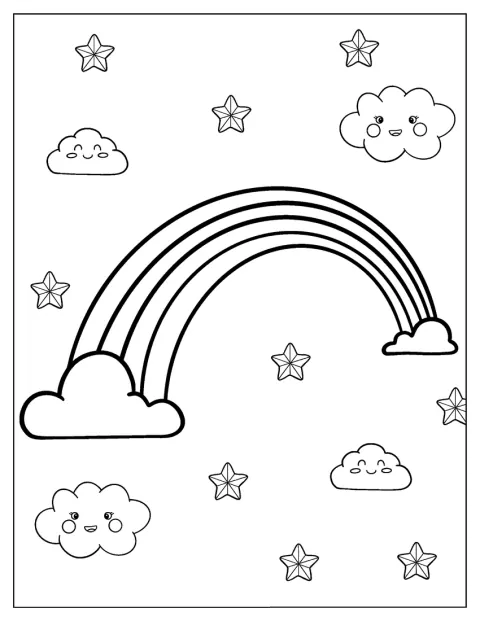 Um arco-íris surge entre nuvens e estrelas.