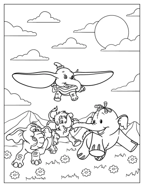 Dumbo fliegt am Himmel, während seine Freunde über ein Feld laufen.
