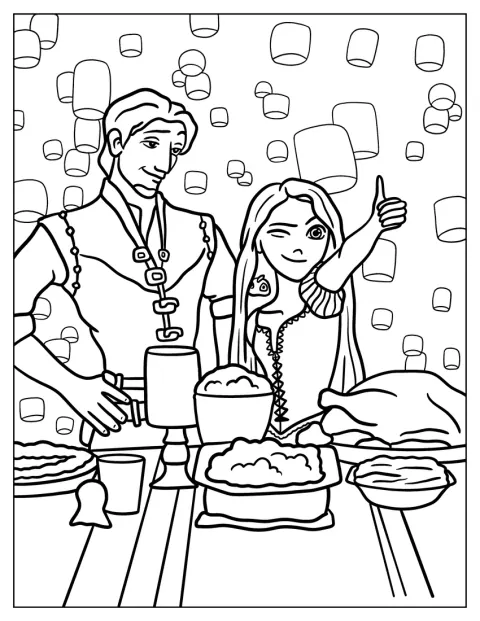 Raiponce et Flynn se tiennent devant une table garnie pour Thanksgiving.