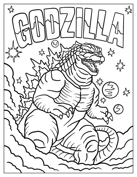 Godzilla zweeft tussen sterren en planeten in de ruimte.