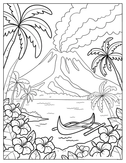 En trekano ligger på en tropisk strand med hibiskusblomster og vulkan i bakgrunnen.