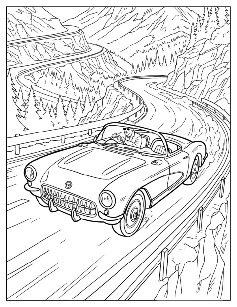 Un tip cool gonește cu Corvette-ul pe un drum de munte.