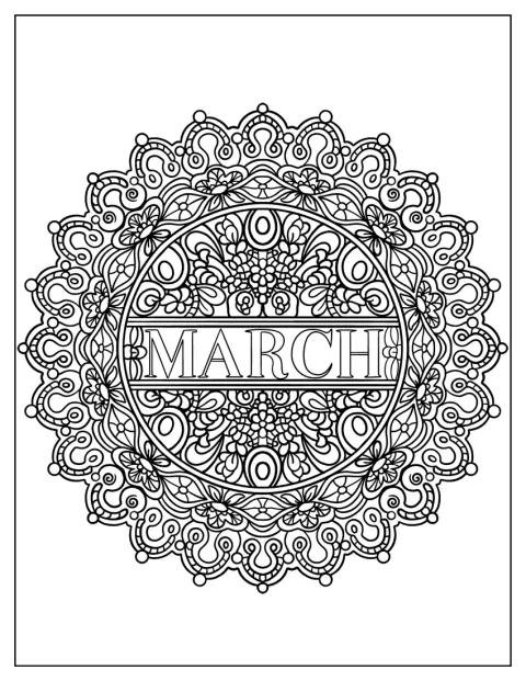 Ein kunstvolles Blumenmandala umrahmt das Wort „März“ in seiner Mitte.