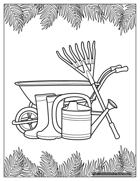 Uma pá, um ancinho e outros utensílios estão reunidos para a jardinagem.