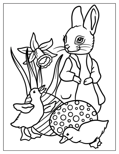 Peter Rabbit zit tussen paaseieren en kleine eendjes.