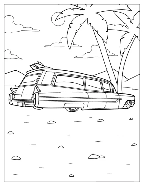 Sur la plage, un lowrider est représenté de profil.