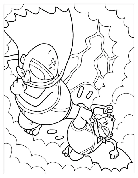 Hoch am Himmel kämpft Captain Underpants gegen Mr. Krupp.