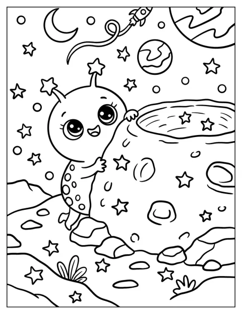 宇宙人が宇宙に浮かぶクレーターをよじ登っています。