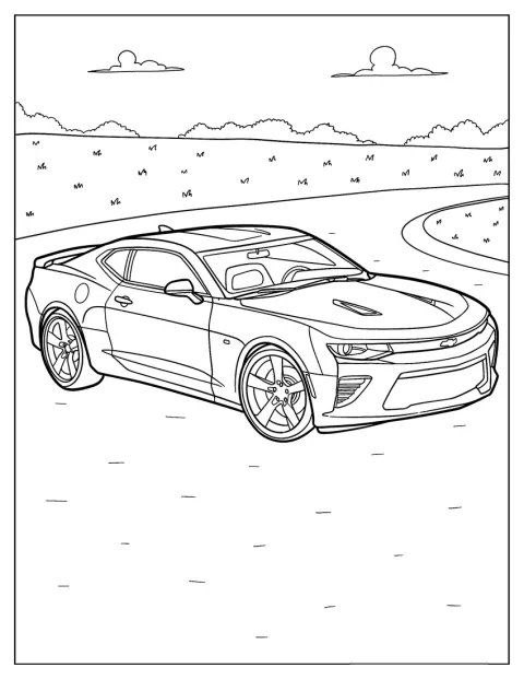 Detailní kresba zachycuje kompaktní Chevrolet Camaro z boku.