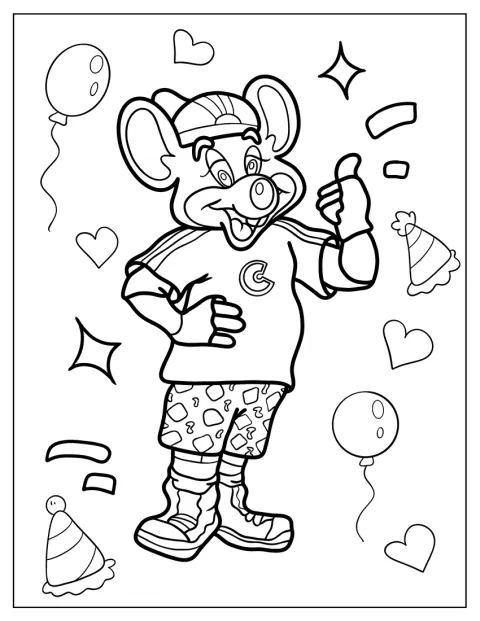Mit Partyhut und Luftballons feiert Chuck E. Cheese eine Party.