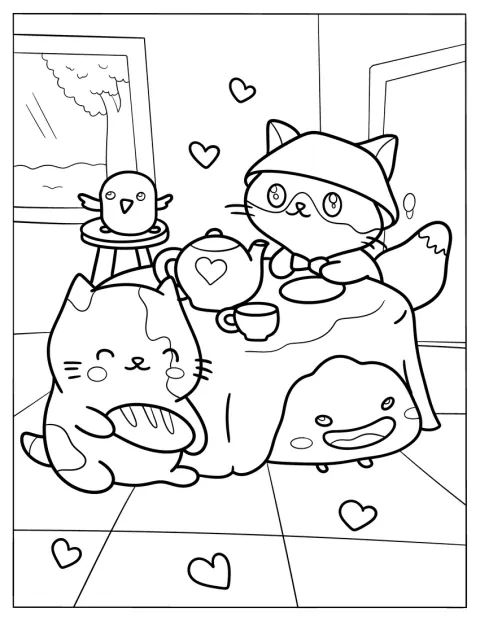 Uma raposa, um pássaro, um axolote e um gato partilham uma refeição.