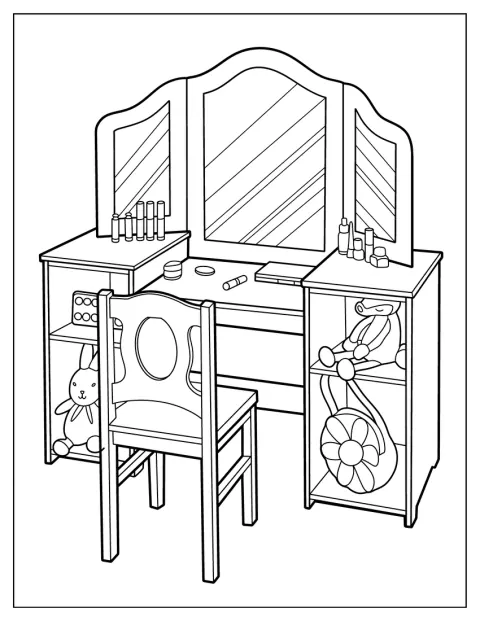 Detailed Vanity Desk With Trifold Mirror, Stuffed Toys, And Makeup Coloring Page
