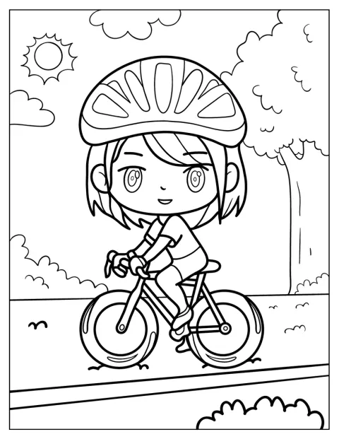 Dziewczyna w stylu anime jedzie na rowerze.