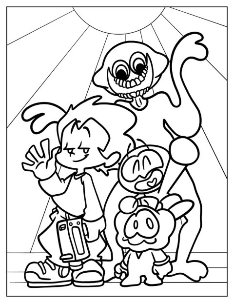 Pico, Spooky Kids a Lemon Demon jsou společně na jednom obrázku.