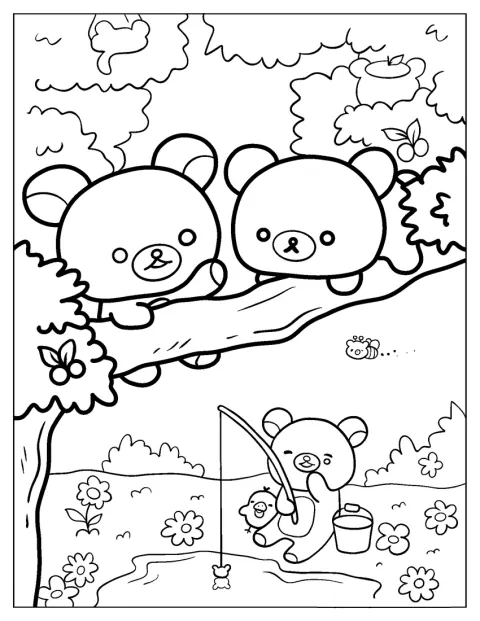 Rilakkuma pêche au bord de l’eau pendant que Korilakkuma et Chairoikoguma sont dans un arbre.