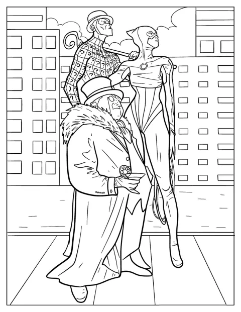 Catwoman Coloring Page With The Riddler And Penguin