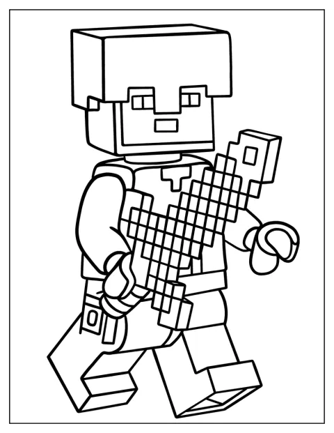 En vokterkriger fra LEGO Minecraft står klar i en blokkbygd verden.